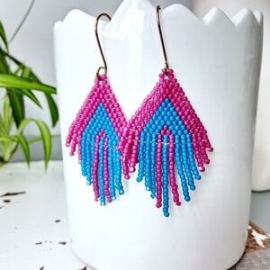 BOGO EARRINGS Vibrant Blue & Pink Beaded Fringe Earrings